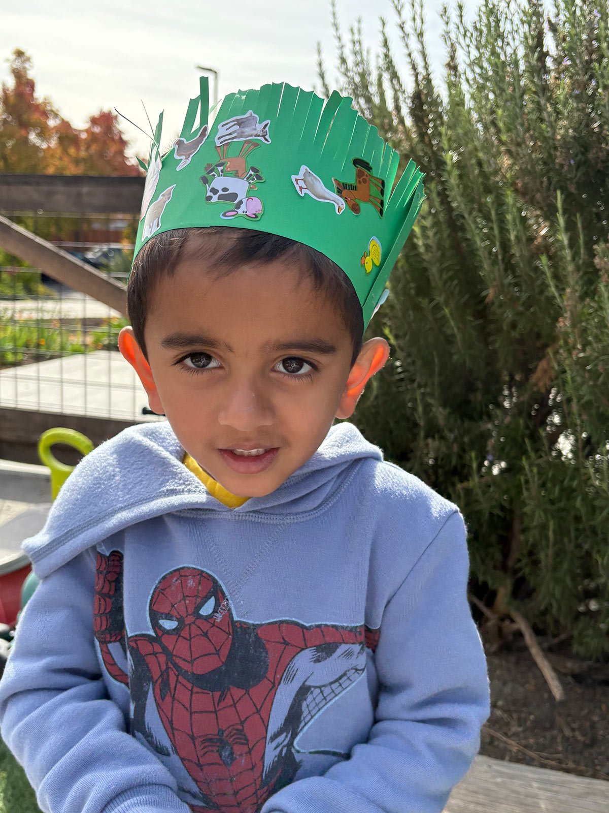 A young boy wearing a green paper crown decorated with animal stickers and a blue Spider-Man hoodie stands outdoors in front of a wooden fence and green shrubs.
